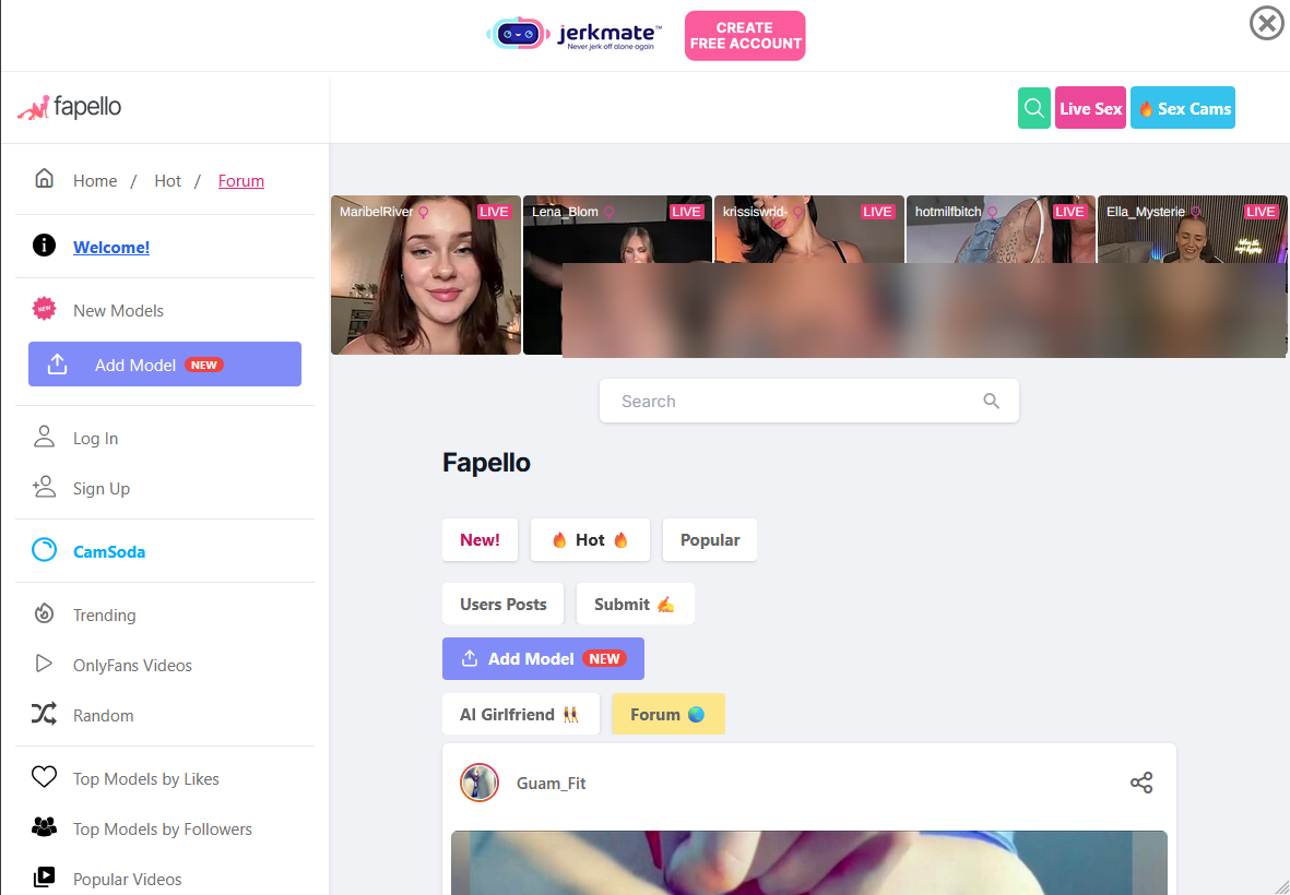 Hero placeholder — Fapello directory grid screenshot, A-Z creator name index visible, with a pop-under ad overlay marked as a critique.